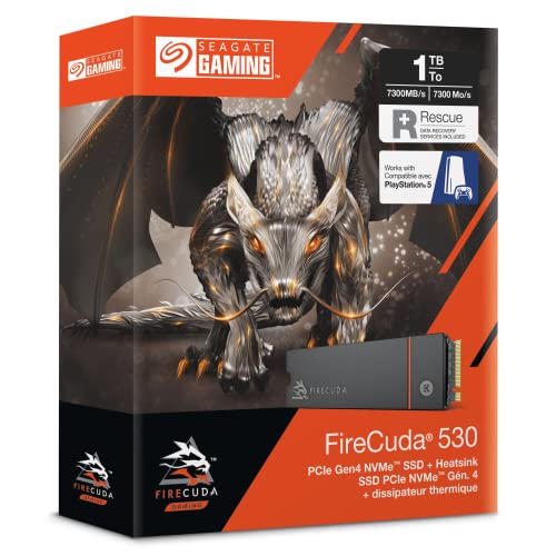 Seagate FireCuda 530 NVMe SSD 1TB, für PS5/PC, M.2 PCIe Gen4 ×4 NVMe 1.4, bis zu 7.300 MB/s, 3D-TLC-NAND, 640 TBW, Kühlkörper, 3 Jahre Rescue Service Modellnr.: ZP1000GM3A023