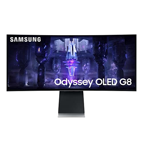 Samsung Odyssey OLED G8 Gaming Monitor S34BG850SU, 34 Zoll, AI Upscaling, OLED-Panel, UWQHD-Auflösung, FreeSync Premium, 0,03 ms (G/G) Reaktionszeit, Bildwiederholrate 175 Hz, Silber