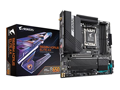 GIGABYTE B650M AORUS Elite AX (AM5/ LGA 1718/ AMD B650/ Micro-ATX/ 5 Jahre Garantie/ DDR5/ 2* M.2/ PCIe 5.0/ USB 3.2 Gen2X2 Type-C/Intel 2.5GbE LAN/Q-Flash Plus/EZ-Latch/Gaming Motherboard)