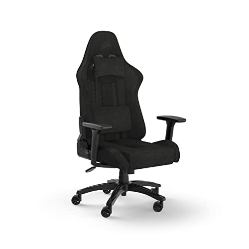 Corsair TC100 Relaxed-Gaming-Stuhl – Stoff – Vom Rennsport inspiriertes Design – Lendenkissen – Abnehmbares Nackenkissen aus Memory-Schaumstoff – Verstellbare Armlehnen – Schwarz