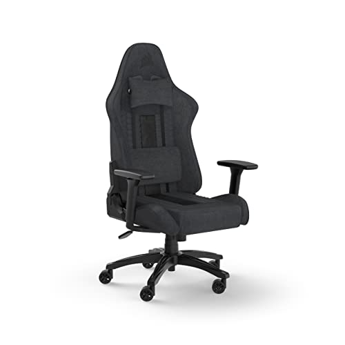 Corsair TC100 Relaxed-Gaming-Stuhl – Stoff – Vom Rennsport inspiriertes Design – Lendenkissen – Abnehmbares Nackenkissen aus Memory-Schaumstoff – Verstellbare Armlehnen – Grau und Schwarz