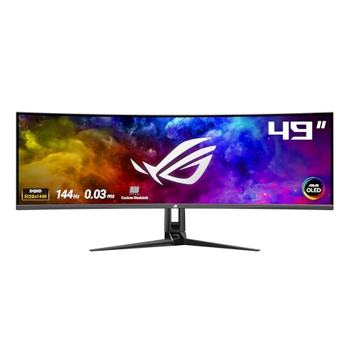 ASUS ROG Swift OLED PG49WCD - 49 Zoll DQHD Curved Gaming Monitor - 144 Hz, 0.03ms GtG, G-Sync, FreeSync, HDR 400 - QD-OLED Panel, 32:9, 5120x1440, DP DSC, HDMI 2.1, USB-Hub, 90W USB-C, ergonomisch