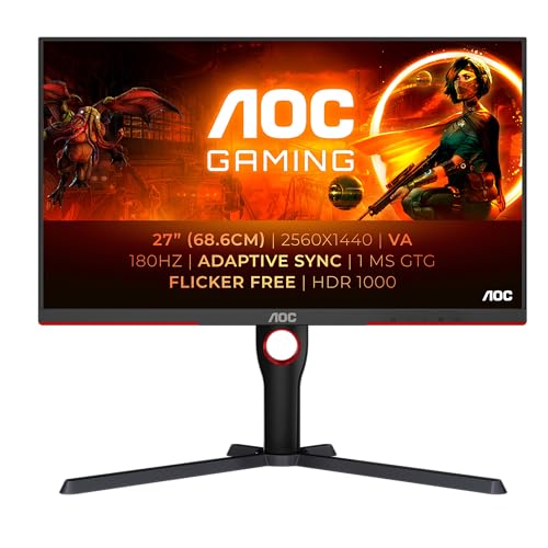 AOC Gaming Q27G3XMN - 27 Zoll QHD Monitor, 180 Hz, FreeSync Prem. Pro., HDR1000 (2560x1440, 1 ms GtG, HDMI, Display Port) schwarz-rot