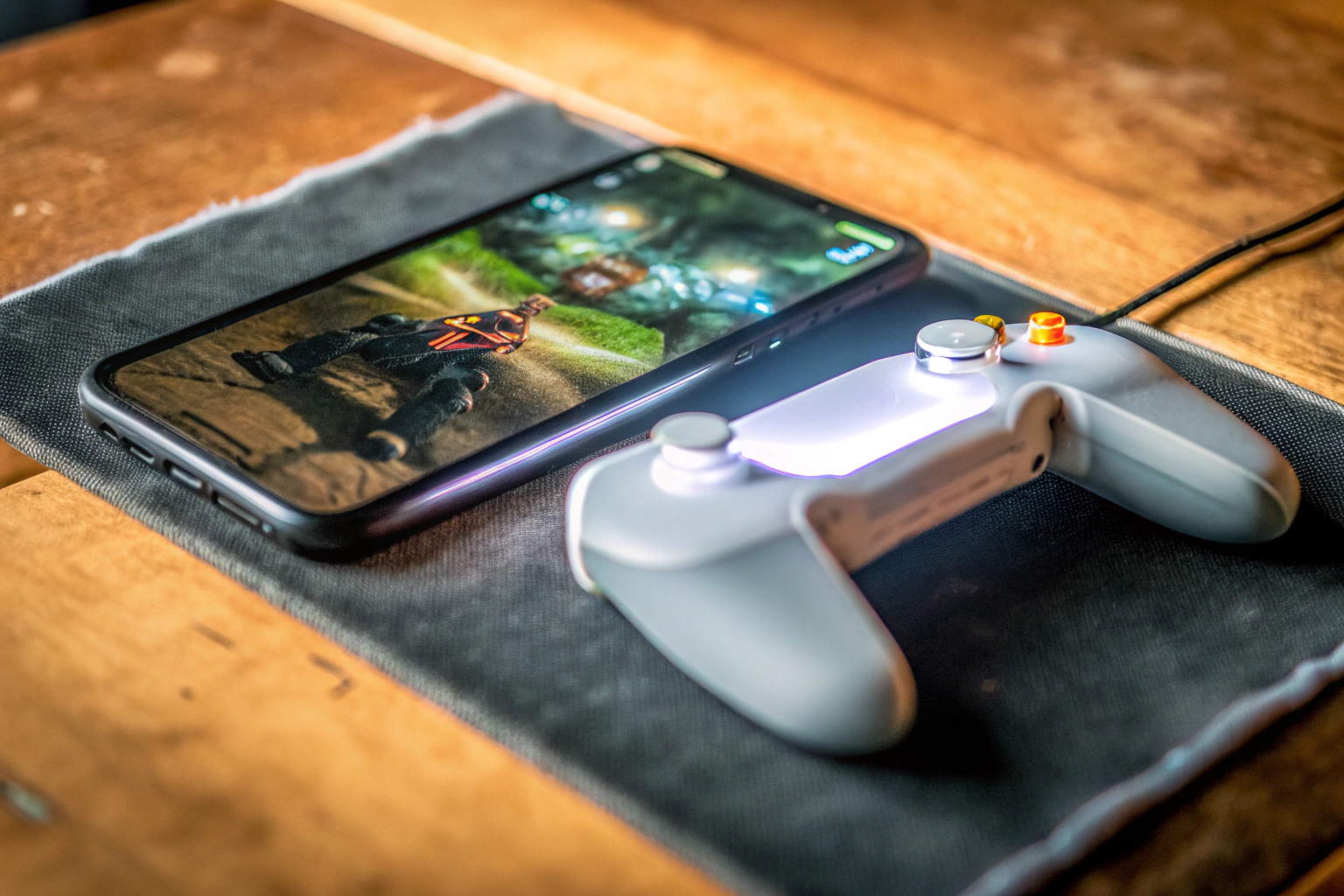 Gamer mit mobilem Controller und Finger Sleeves