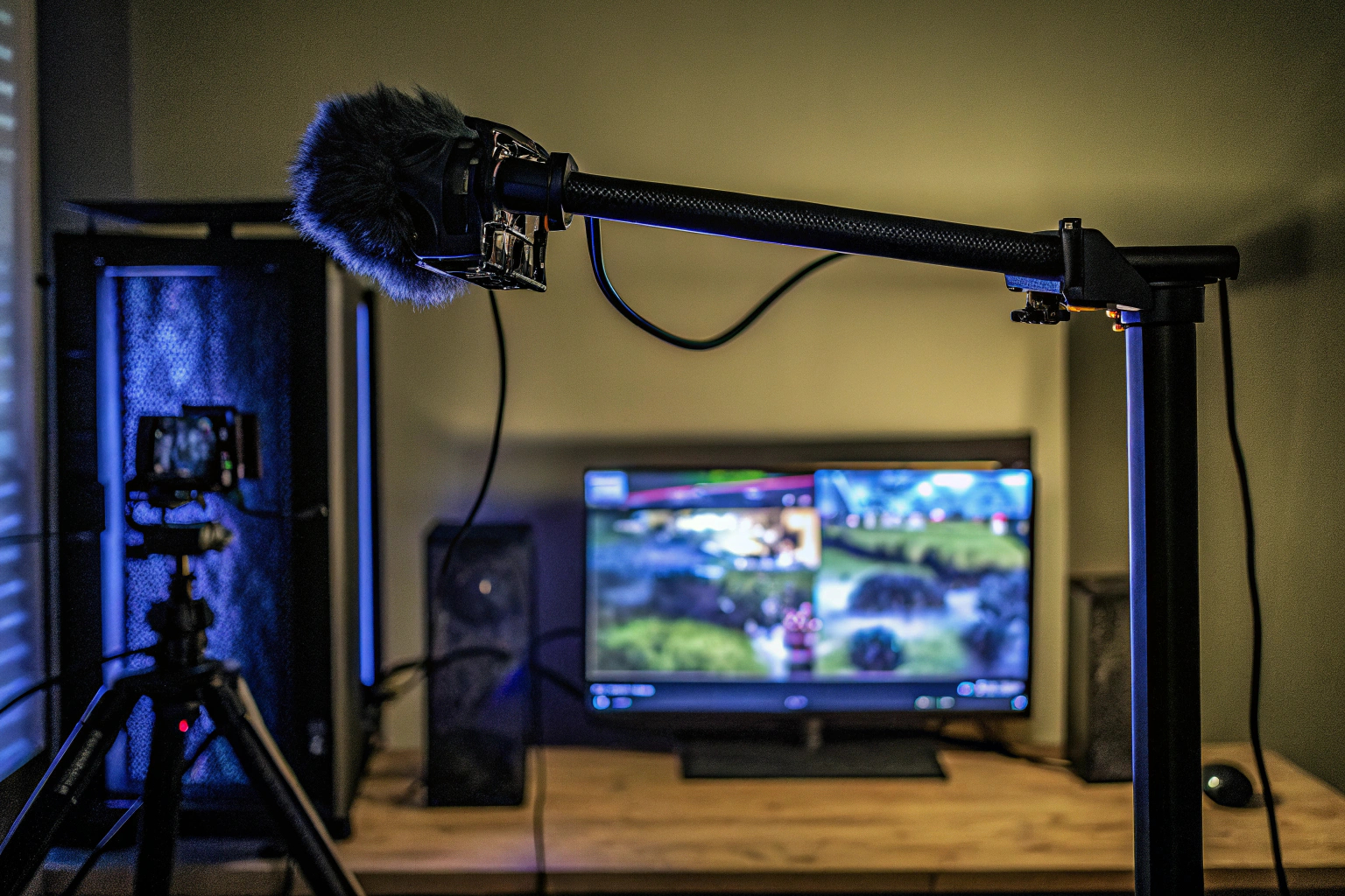 Ein Gamer-Setup mit einem leistungsstarken PC, Mikrofon und Kamera, bereit für das Streaming. Gaming-Streaming-Setup