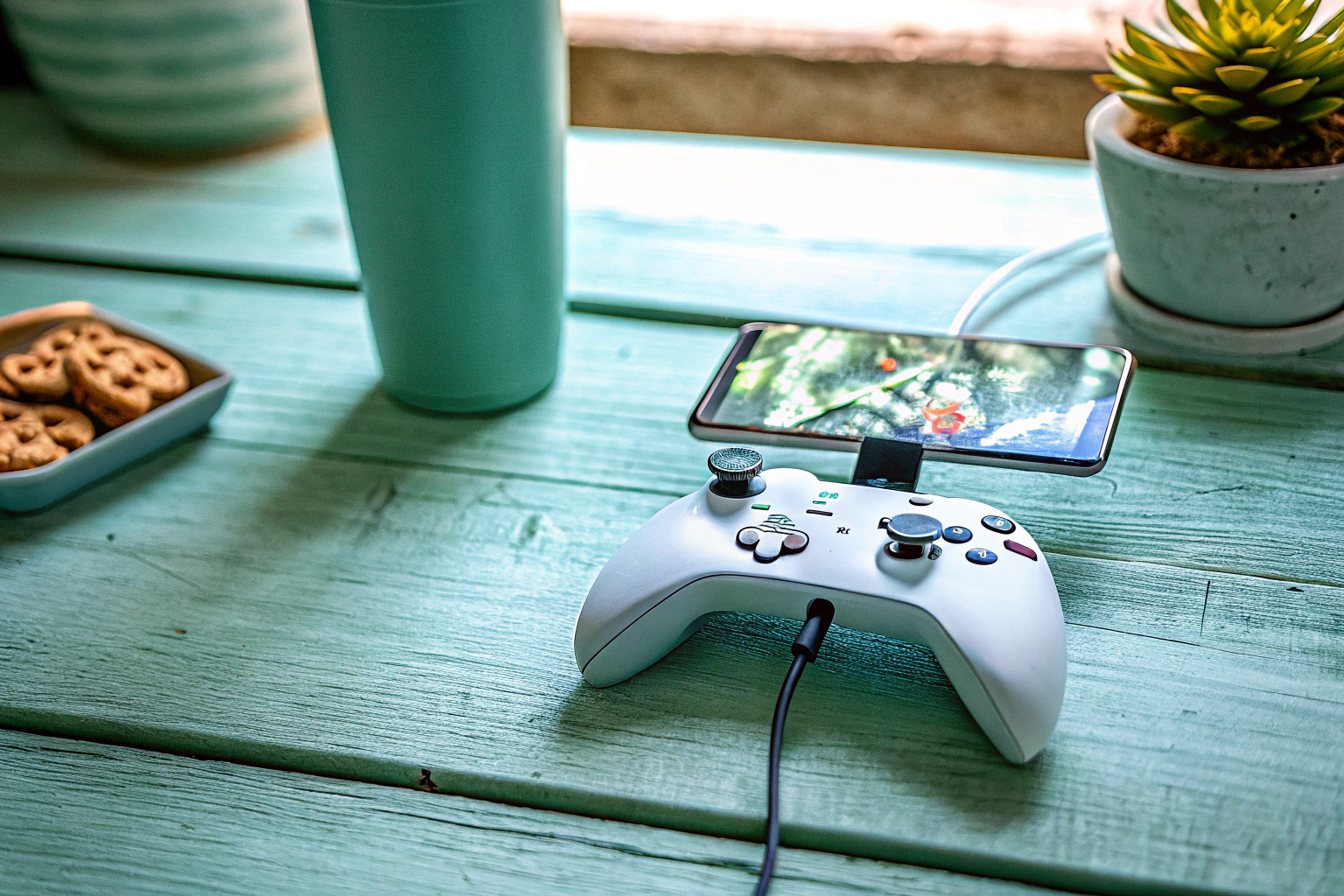Ein Gaming-Controller, der an ein Smartphone angeschlossen ist, um das Spielvergnügen zu steigern. Gaming-Controller für Smartphones