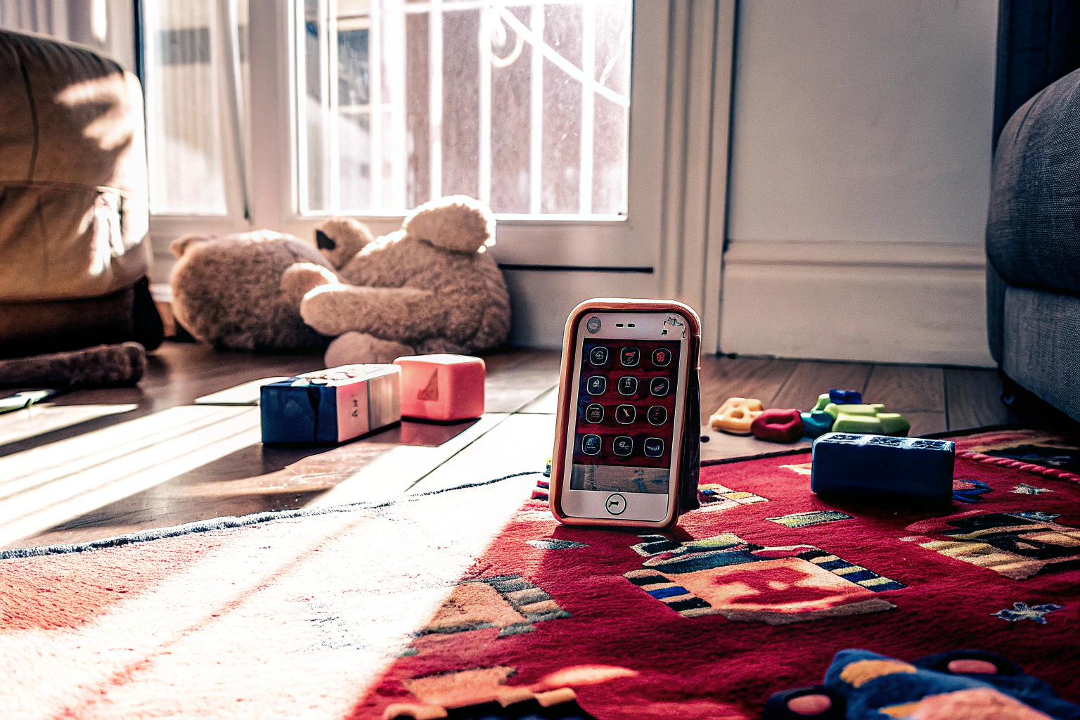 Ein Kind, das mit einem Spielzeug-Smartphone spielt und dabei Freude und Kreativität zeigt. Kind spielt mit Spielzeug-Smartphone