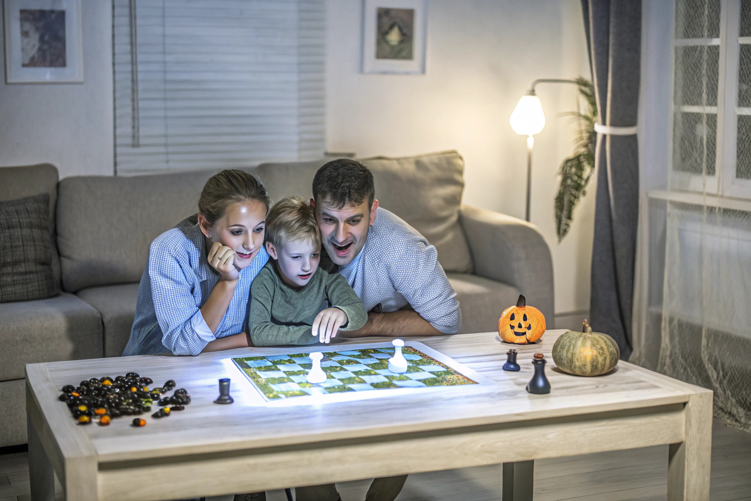 Familie spielt Halloween-Spiel