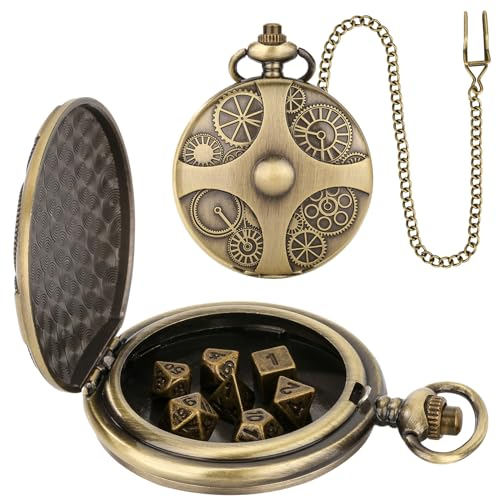 Mini DND Würfel Set mit Bronzefarbenen Steampunk Zahnrad Taschenuhrgehäuse